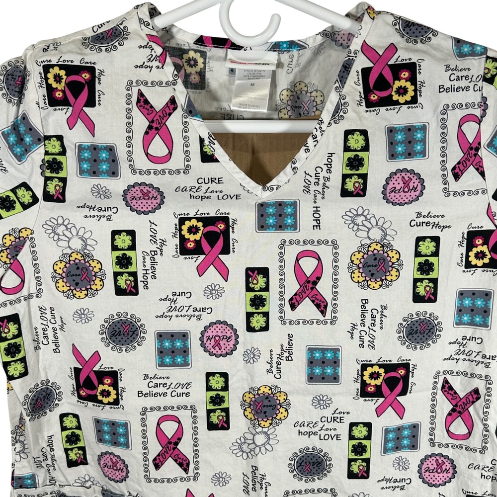 ScrubStar Breast Cancer Awareness Pink Ribbon V-Neck Scrub Top Size Medium